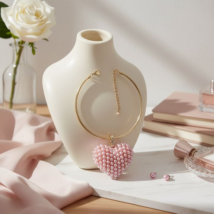 Pink Pearled Heart & Earrings Set