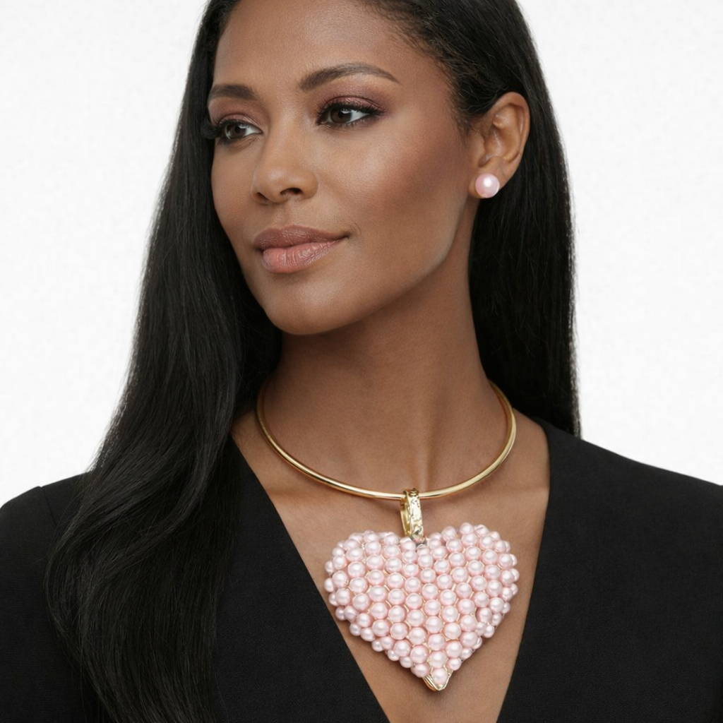 Pink Pearled Heart & Earrings Set