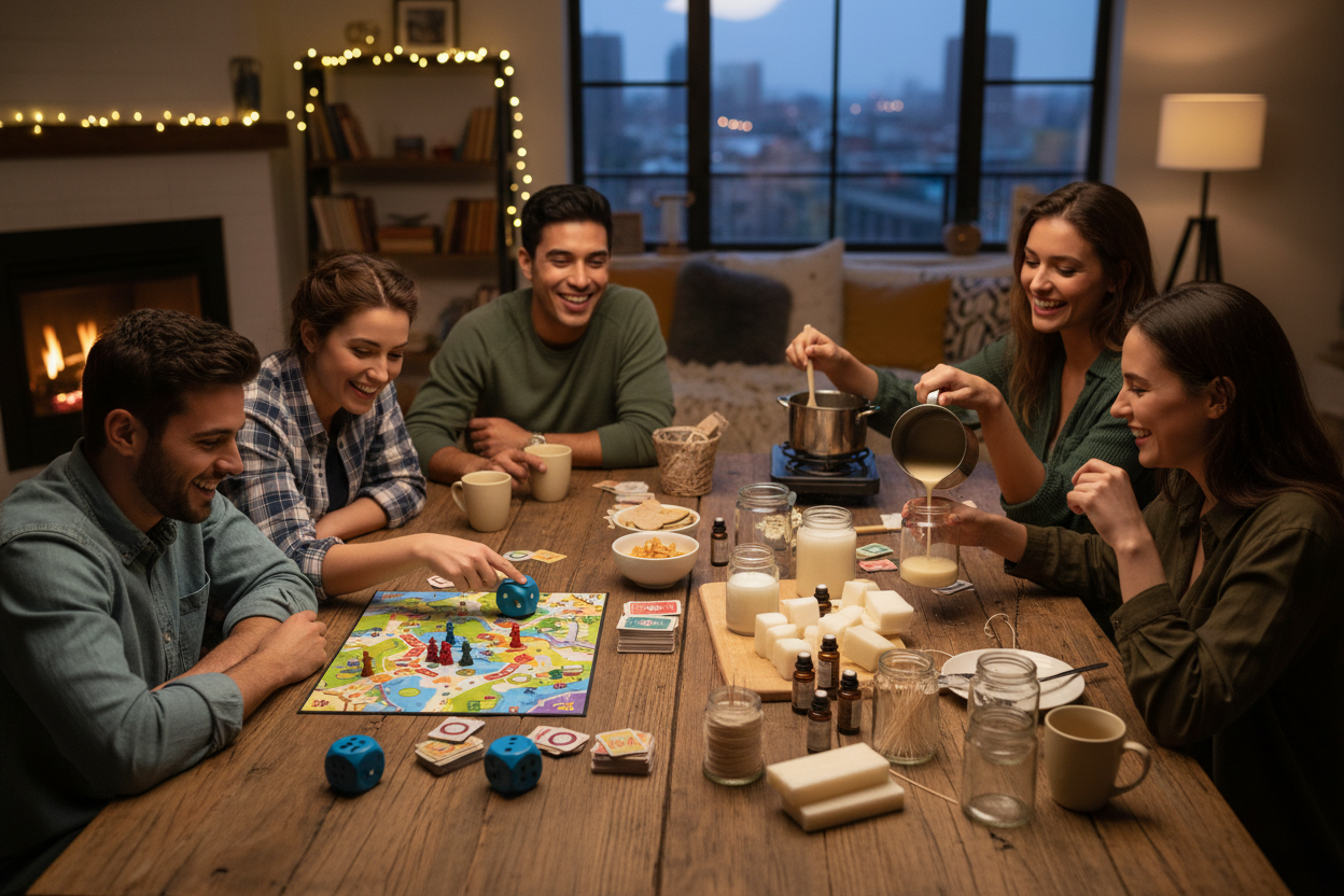 friends playing a board game and making candles